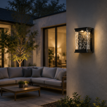 RoyaleGlow Outdoor LED Wall Sconce, Waterproof Exterior Light with Rippled Glass Shade