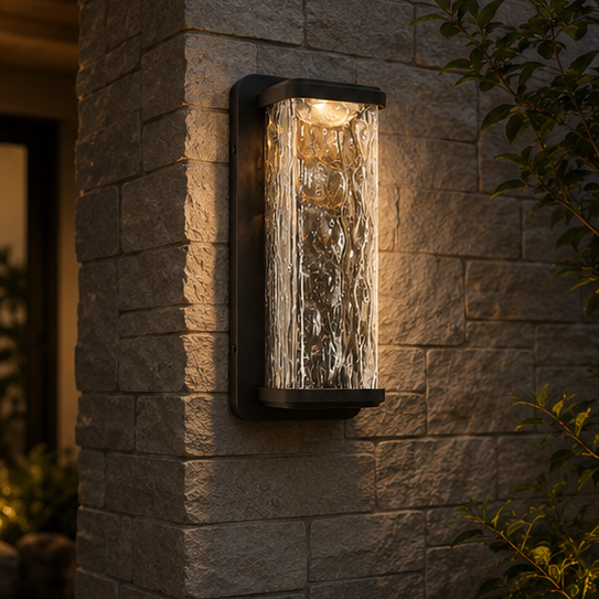 RoyaleGlow Outdoor LED Wall Sconce, Waterproof Exterior Light with Rippled Glass Shade