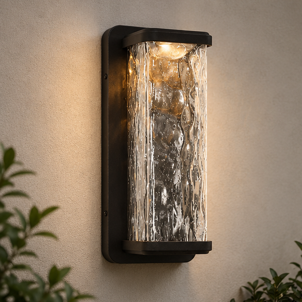 RoyaleGlow Outdoor LED Wall Sconce, Waterproof Exterior Light with Rippled Glass Shade