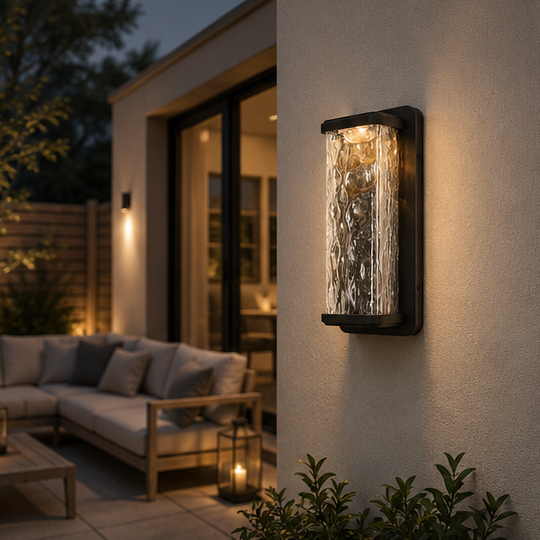 RoyaleGlow Outdoor LED Wall Sconce, Waterproof Exterior Light with Rippled Glass Shade