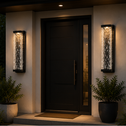 RoyaleGlow Outdoor LED Wall Sconce, Waterproof Exterior Light with Rippled Glass Shade
