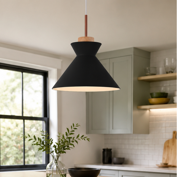 RoyaleGlow Modern Cone Pendant Light with Wood Accents for Kitchen Island
