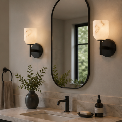 RoyaleGlow Modern Alabaster Wall Sconce with Brass Finish for Elegant Interiors