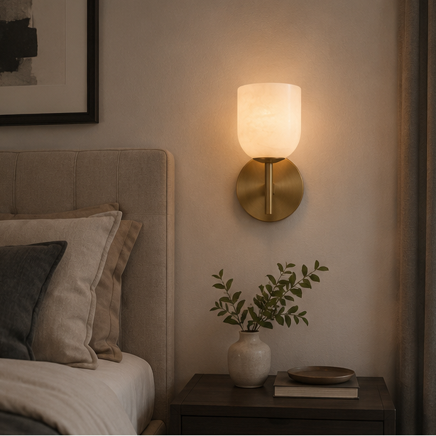 RoyaleGlow Modern Alabaster Wall Sconce with Brass Finish for Elegant Interiors