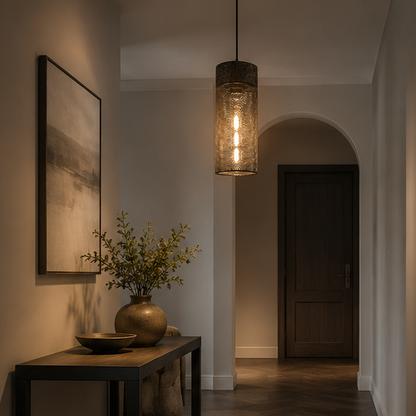 RoyaleGlow Black Travertine & Metal Mesh Cylinder Pendant Light  for Restaurant, Hotel