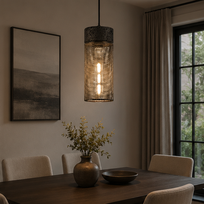 RoyaleGlow Black Travertine & Metal Mesh Cylinder Pendant Light  for Restaurant, Hotel