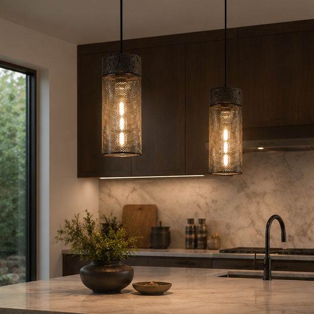 RoyaleGlow Black Travertine & Metal Mesh Cylinder Pendant Light  for Restaurant, Hotel