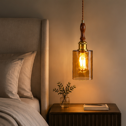 RoyaleGlow Glass Pendant Light with Walnut Wood & Brass for Kitchen Island