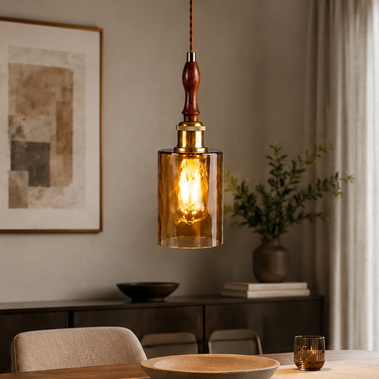 RoyaleGlow Glass Pendant Light with Walnut Wood & Brass for Kitchen Island