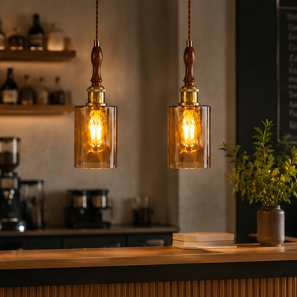 RoyaleGlow Glass Pendant Light with Walnut Wood & Brass for Kitchen Island