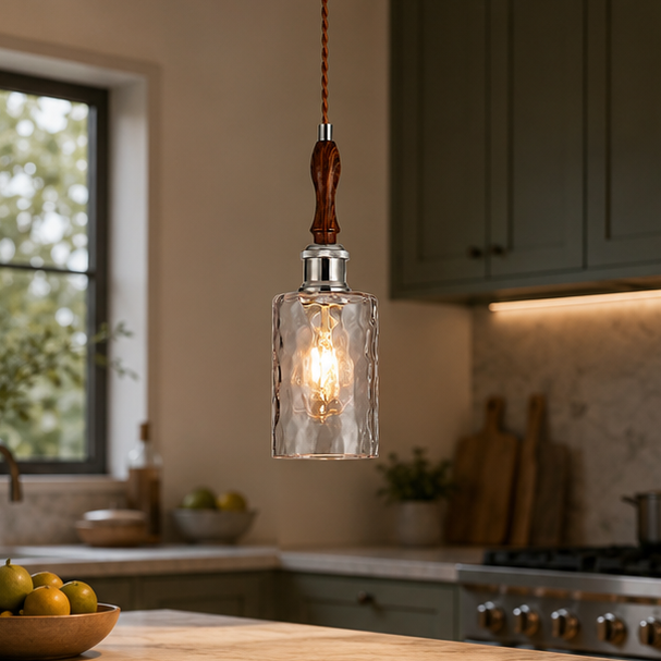 RoyaleGlow Glass Pendant Light with Walnut Wood & Brass for Kitchen Island