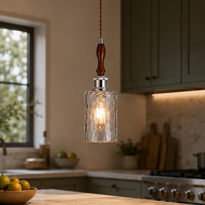 RoyaleGlow Glass Pendant Light with Walnut Wood & Brass for Kitchen Island