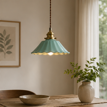 RoyaleGlow Vintage Celadon Scalloped Ceramic Pendant Light with Brass Hardware