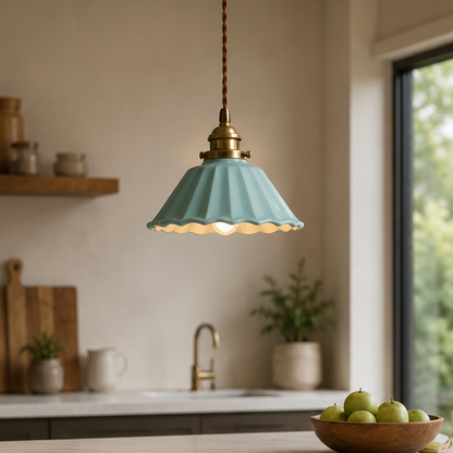 RoyaleGlow Vintage Celadon Scalloped Ceramic Pendant Light with Brass Hardware