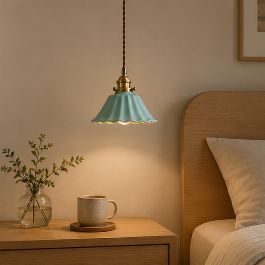 RoyaleGlow Vintage Celadon Scalloped Ceramic Pendant Light with Brass Hardware