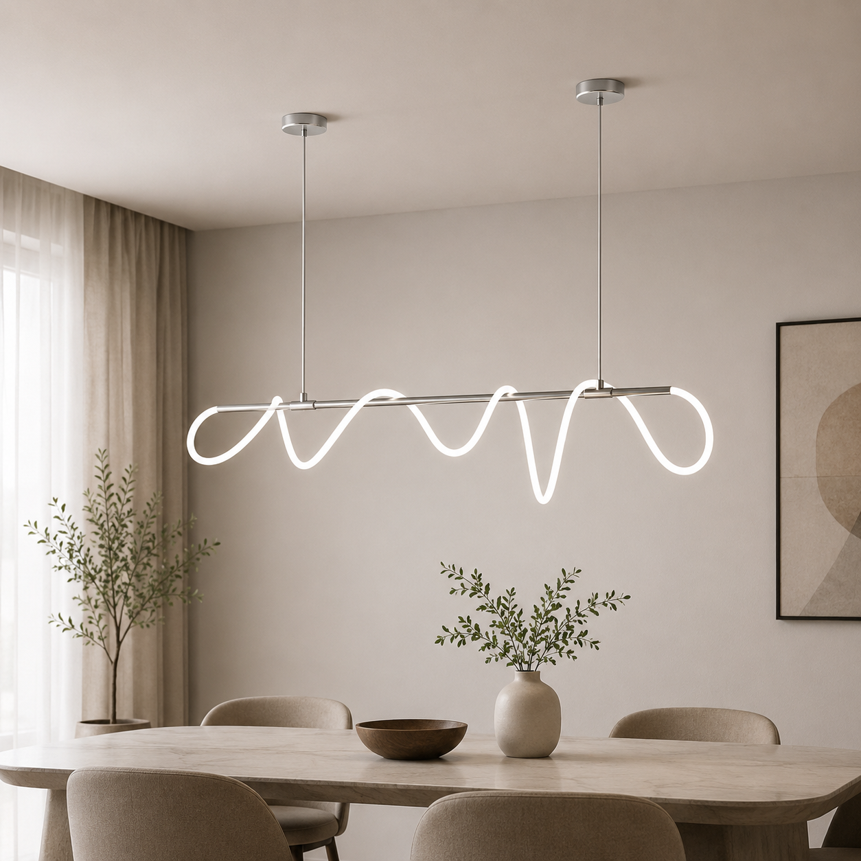 RoyaleGlow Modern LED Linear Chandelier - Flexible Wave Design for Dining & Kitchen