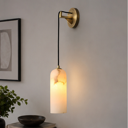 RoyaleGlow Modern Alabaster Wall Sconce - Brass LED Wall Light for Bedroom & Hallway