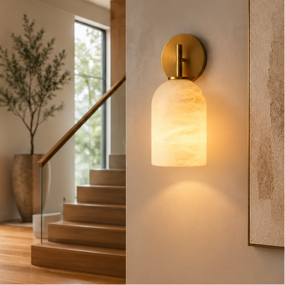 LuxRoyale Modern Marble & Brass Wall Sconce- Cylindrical Natural Stone Fixture