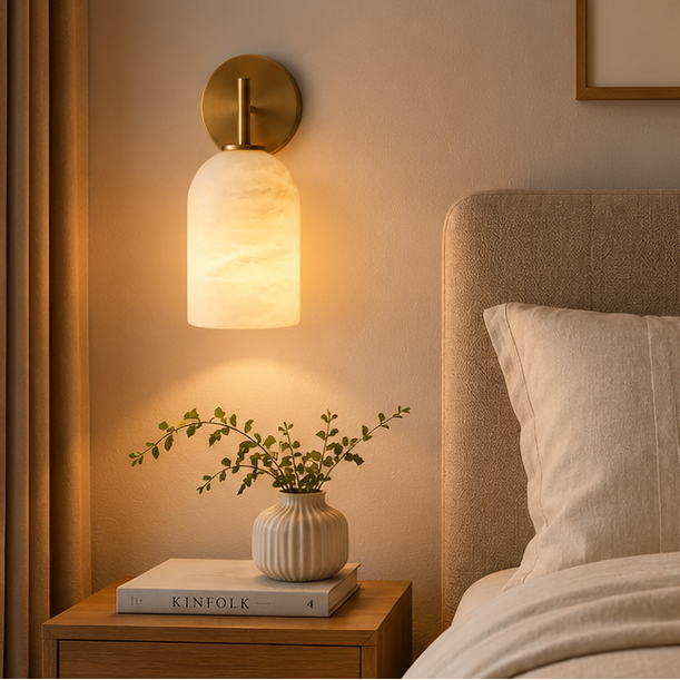 LuxRoyale Modern Marble & Brass Wall Sconce- Cylindrical Natural Stone Fixture