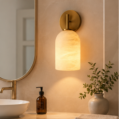 LuxRoyale Modern Marble & Brass Wall Sconce- Cylindrical Natural Stone Fixture