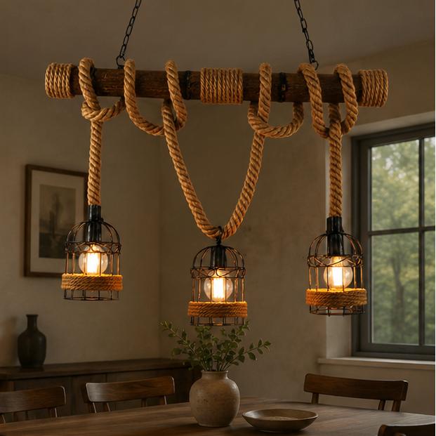 Royaleva Retro Hanging Lamp with Hemp Rope, Bamboo & Iron Cage Design