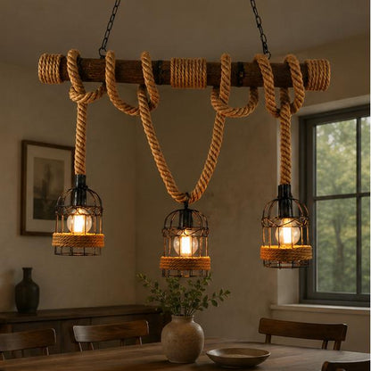 Royaleva Retro Hanging Lamp with Hemp Rope, Bamboo & Iron Cage Design