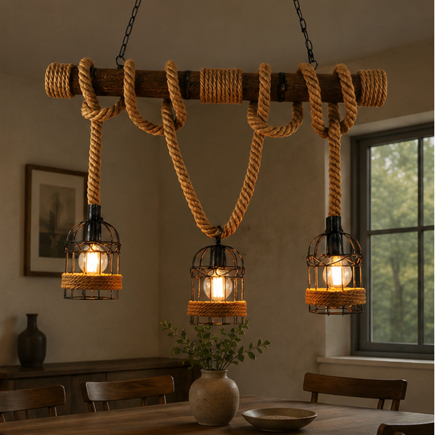 Royaleva Retro Hanging Lamp with Hemp Rope, Bamboo & Iron Cage Design