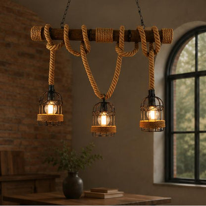 Royaleva Retro Hanging Lamp with Hemp Rope, Bamboo & Iron Cage Design