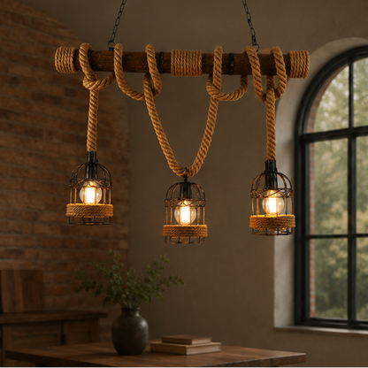 Royaleva Retro Hanging Lamp with Hemp Rope, Bamboo & Iron Cage Design