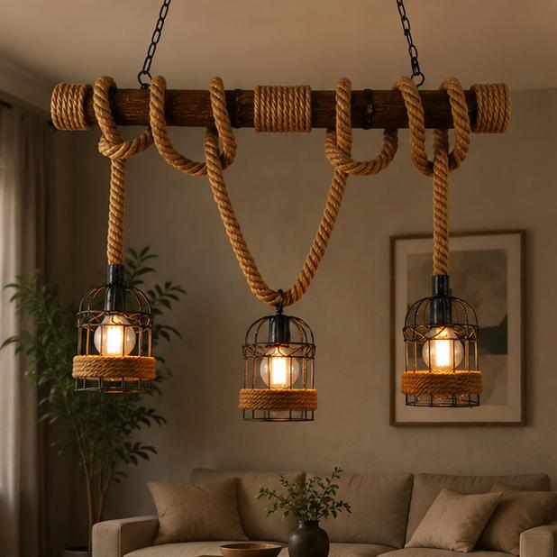 Royaleva Retro Hanging Lamp with Hemp Rope, Bamboo & Iron Cage Design