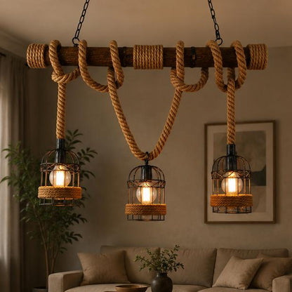 Royaleva Retro Hanging Lamp with Hemp Rope, Bamboo & Iron Cage Design