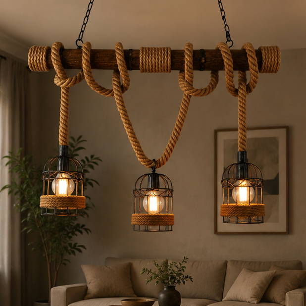 Royaleva Retro Hanging Lamp with Hemp Rope, Bamboo & Iron Cage Design