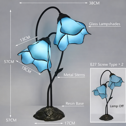 LuxRoyale Lotus Twin-Flower, Tiffany-Style Glass Table Lamp With Vintage Resin Base