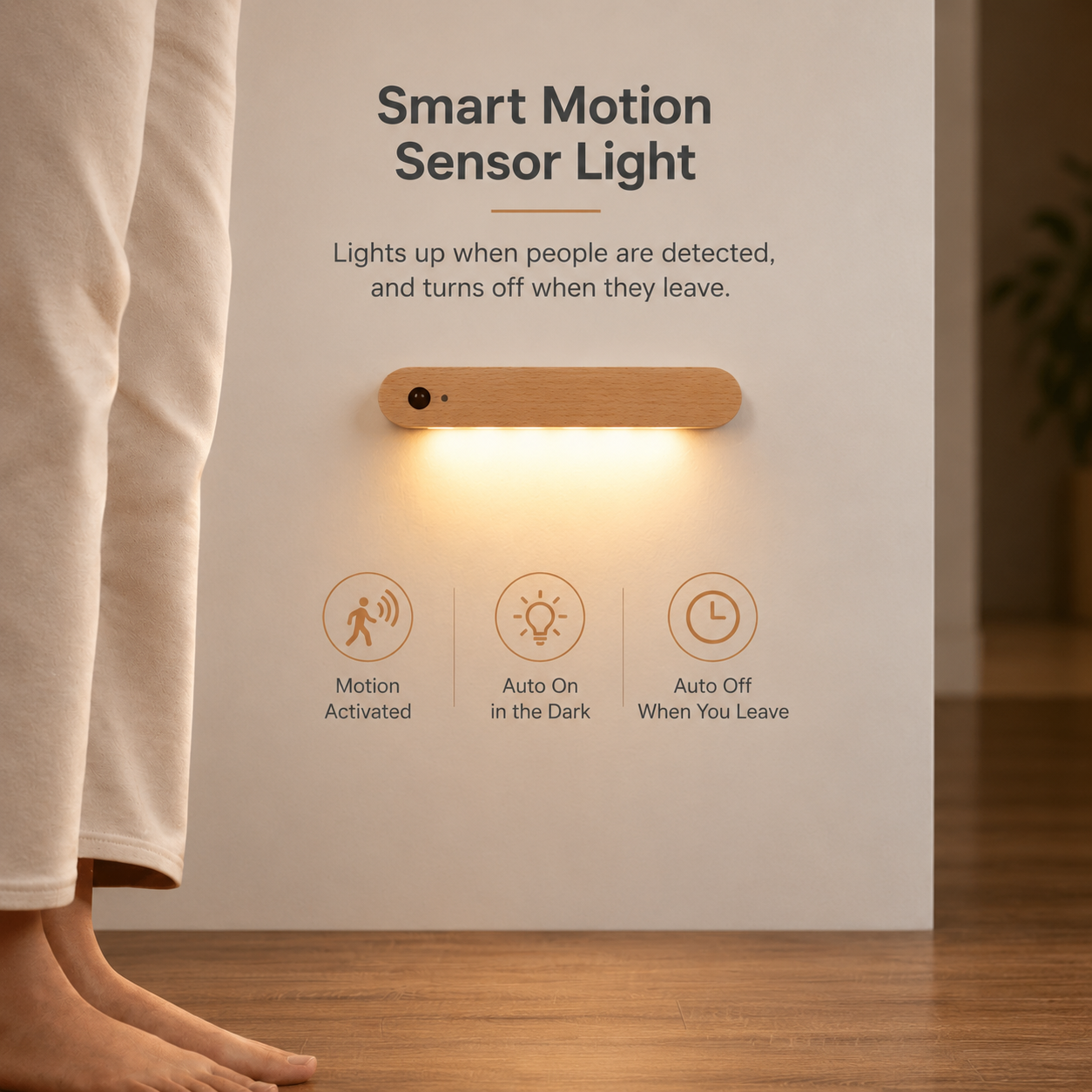 Royaleva Natural Wood Magnetic Key Holder Motion Sensor LED Wall Light
