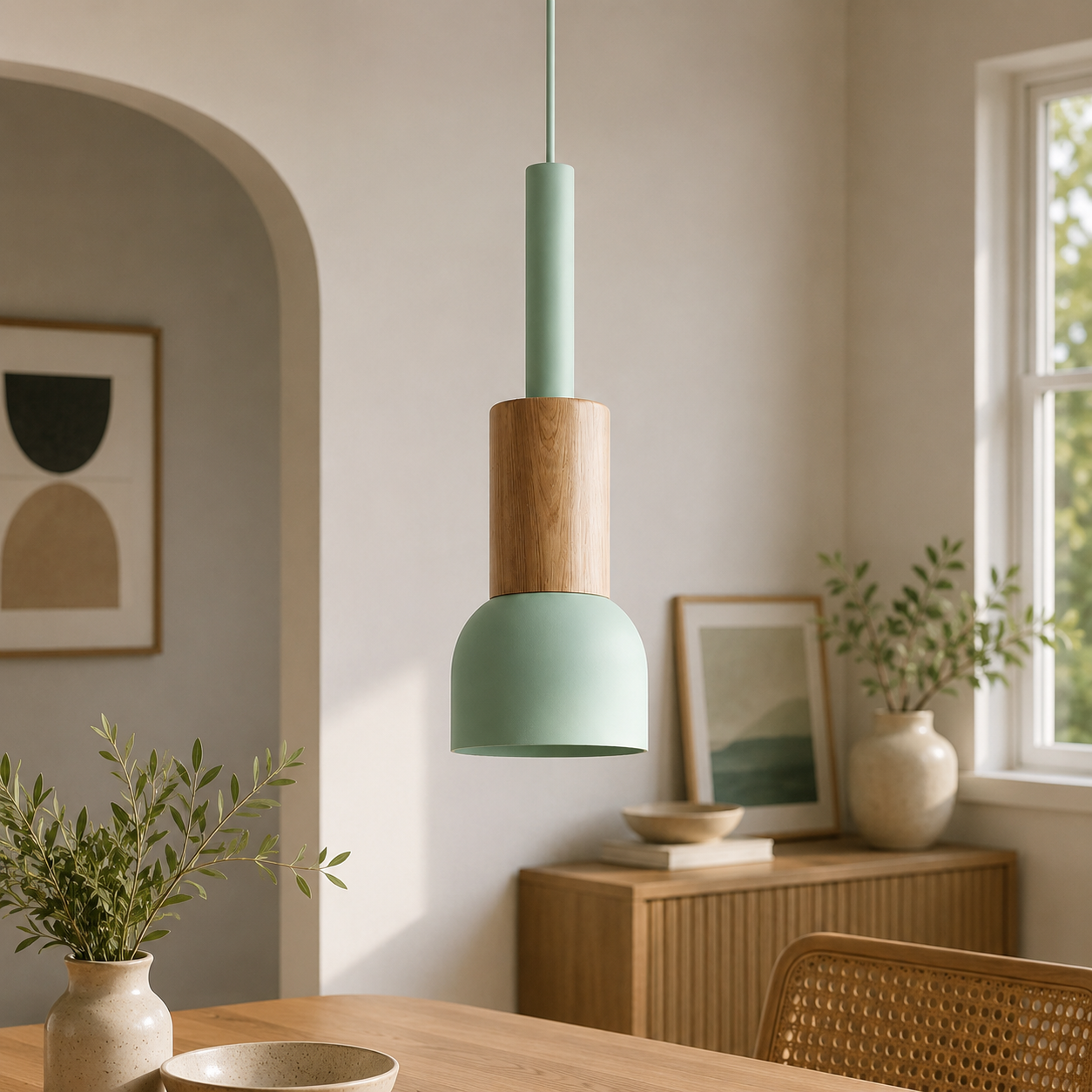 Royaleva Modern Scandinavian Oak & Aluminum Dome Pendant Light
