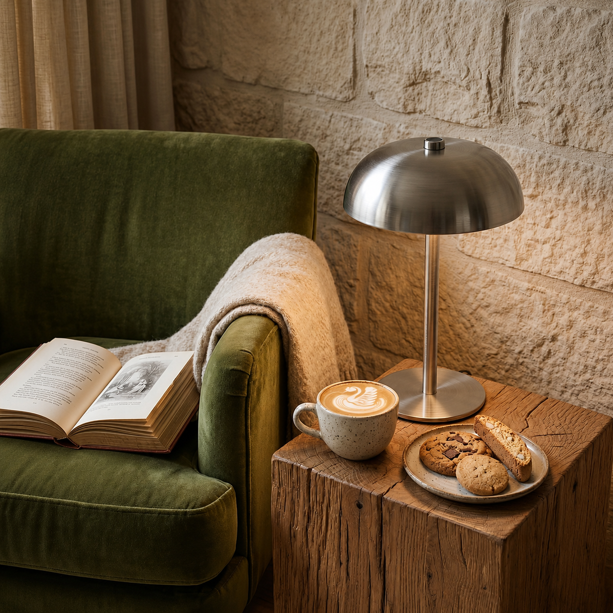 Royaleva Contemporary Brushed Steel Crescent Mushroom Table Lamp with Integrated LED