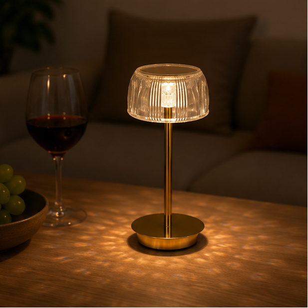 LuxRoyale Premium Cordless Brass Ribbed Acrylic Dimmable Table Lamp