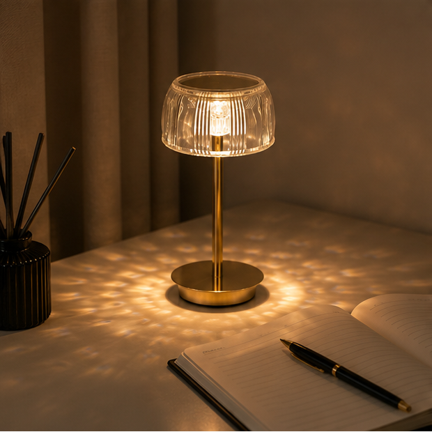 LuxRoyale Premium Cordless Brass Ribbed Acrylic Dimmable Table Lamp