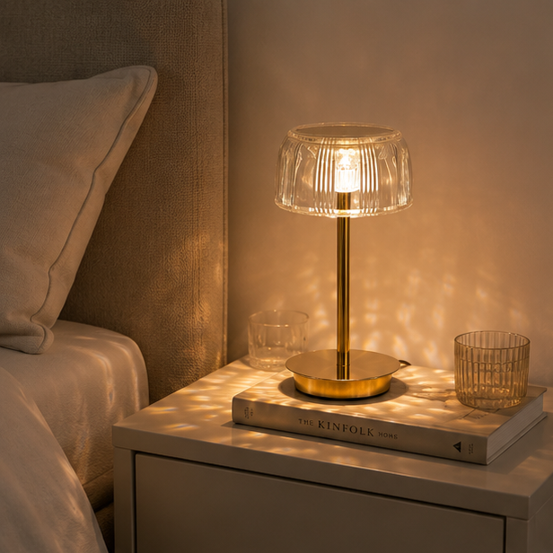 LuxRoyale Premium Cordless Brass Ribbed Acrylic Dimmable Table Lamp