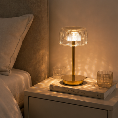 LuxRoyale Premium Cordless Brass Ribbed Acrylic Dimmable Table Lamp
