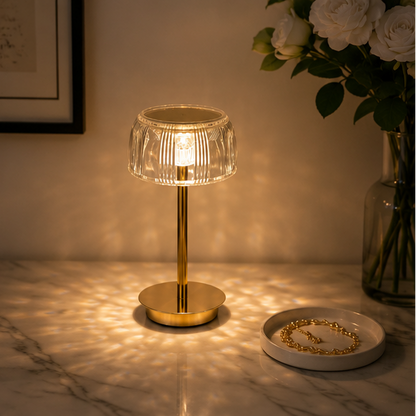 LuxRoyale Premium Cordless Brass Ribbed Acrylic Dimmable Table Lamp