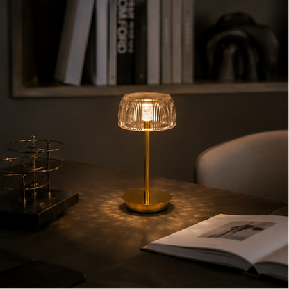 LuxRoyale Premium Cordless Brass Ribbed Acrylic Dimmable Table Lamp
