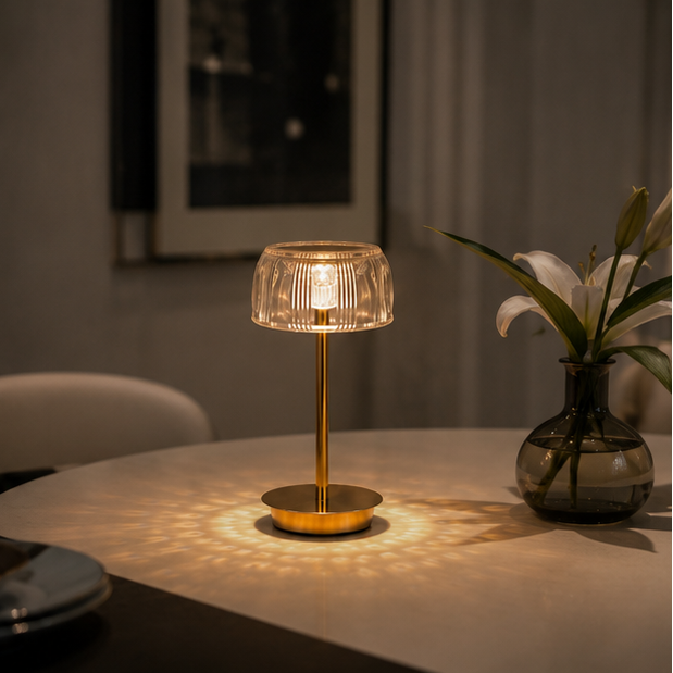 LuxRoyale Premium Cordless Brass Ribbed Acrylic Dimmable Table Lamp