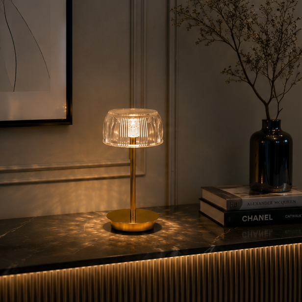 LuxRoyale Premium Cordless Brass Ribbed Acrylic Dimmable Table Lamp