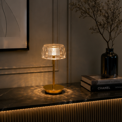 LuxRoyale Premium Cordless Brass Ribbed Acrylic Dimmable Table Lamp