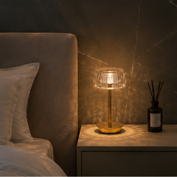 LuxRoyale Premium Cordless Brass Ribbed Acrylic Dimmable Table Lamp