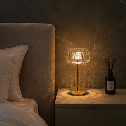 LuxRoyale Premium Cordless Brass Ribbed Acrylic Dimmable Table Lamp