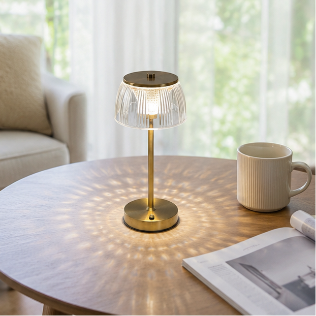 LuxRoyale Premium Cordless Brass Ribbed Acrylic Dimmable Table Lamp