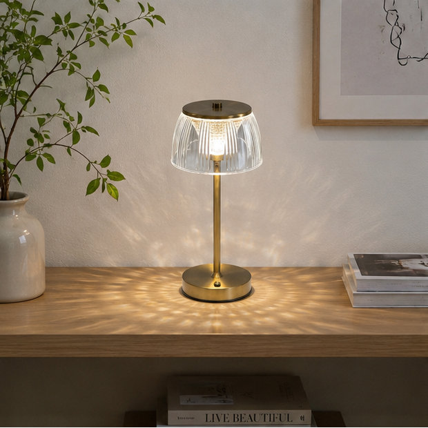 LuxRoyale Premium Cordless Brass Ribbed Acrylic Dimmable Table Lamp