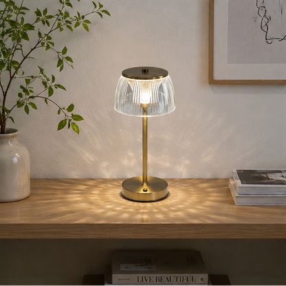LuxRoyale Premium Cordless Brass Ribbed Acrylic Dimmable Table Lamp
